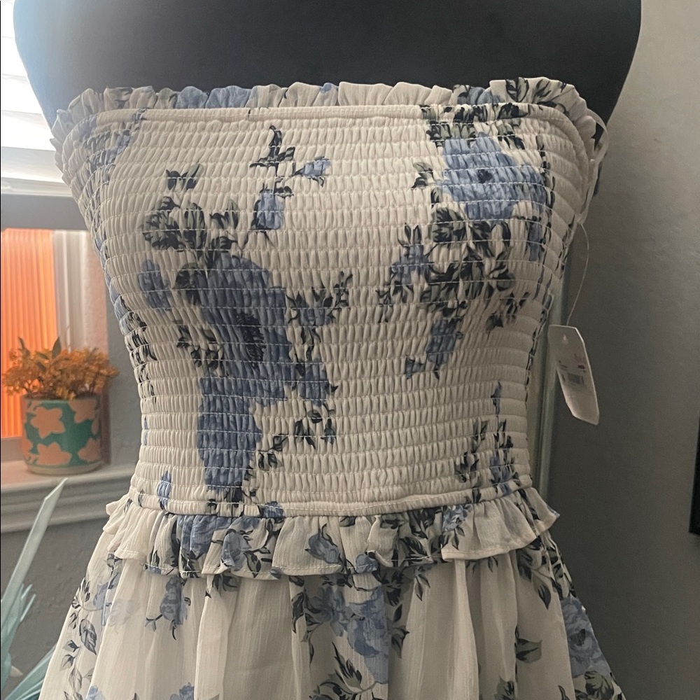 Altar'd State White Strapless Tiered Floral Maxi Dress with Blue Blooms - Picture 4 of 7